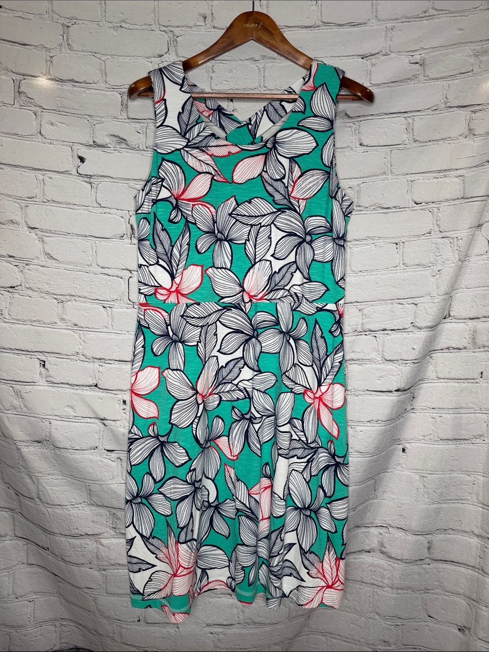 Talbots Sleeveless Floral Print Midi Dress in Teal and White Size Large NWT
